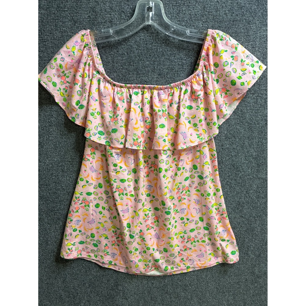 Lilly Pulitzer Pink Fruit Print Ruffle Off Shoulder Pima Cotton Modal Top Medium